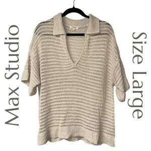 Max Studio - Knit Top - Beige Open-Weave V-Neck - Size Large